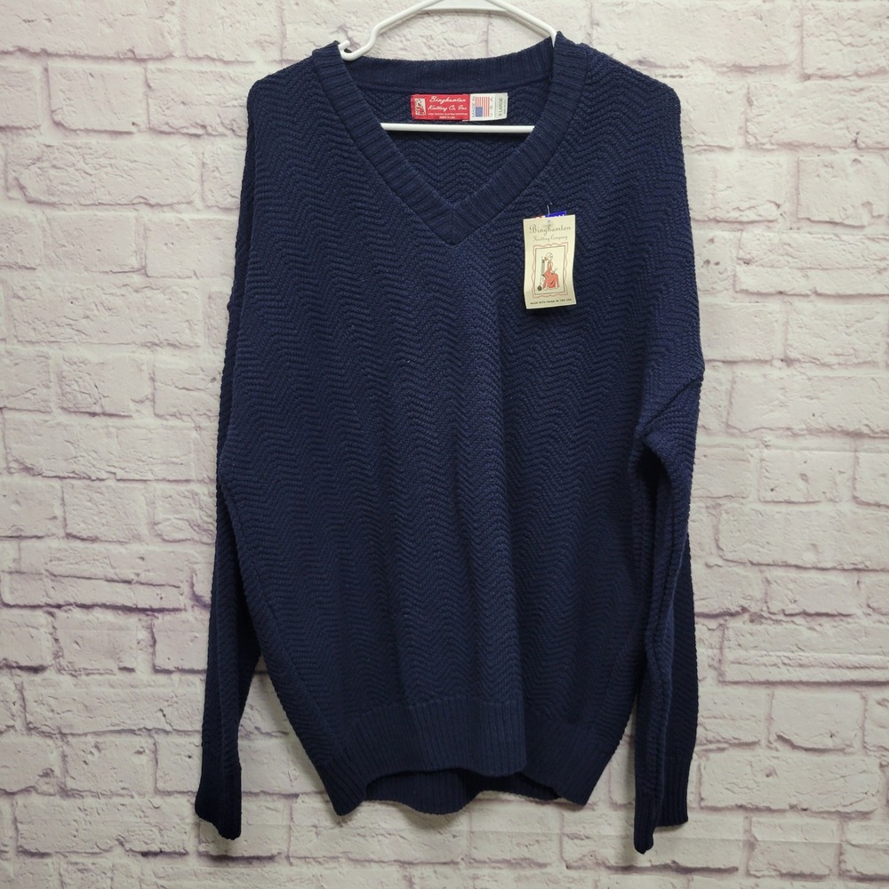 NEW Binghamton Knitting Co Sweater Size‎ XL Navy Blue Fisherman V-Neck Pullover